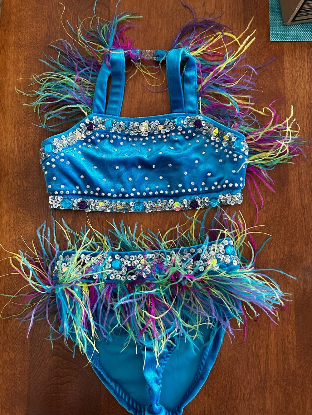 Turquoise Sequin Feather Two-Piece Kids Dance Costume
